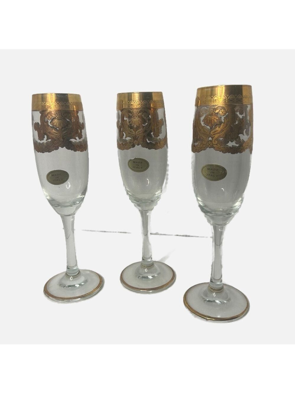 Set of 3 Midcentury 24k Champagne Wine Glasses Vintage Made in Italy Holds 9oz